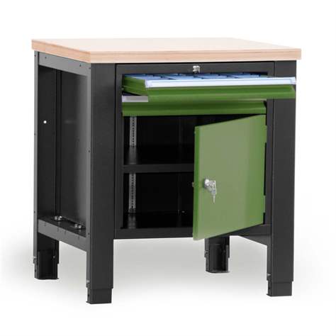Banc masă de atelier TECHNO, modul unic lățime 800 mm, 2 sertare, dulap, culoare antracit RAL7016/verde RAL6011. - Malow