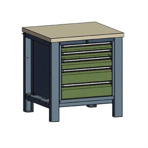 Banc masă de atelier TECHNO, modul unic lățime 800 mm, 5 sertare, culoare antracit RAL7016/verde RAL6011. - Malow