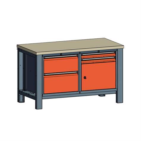 Werkstatt-Tisch TECHNO, Doppelmodul Breite 1400 mm, 4 Schubladen, Schrank, Farbe anthrazit RAL7016/orange RAL2004. - Malow