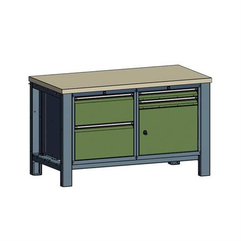 Banc masă de atelier TECHNO, modul dublu lățime 1400 mm, 4 sertare, dulap, culoare antracit RAL7016/verde RAL6011. - Malow