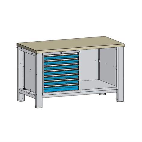 Banc masă de atelier TECHNO, modul dublu lățime 1400 mm, 7 sertare, gri RAL7035/albastru RAL5012. - Malow