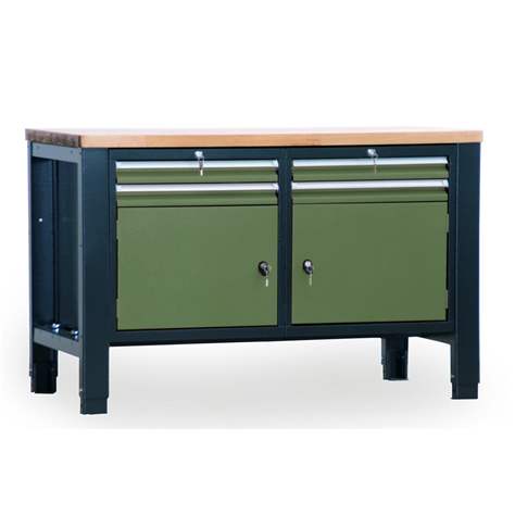Werkstatt-Tisch TECHNO, Doppelmodul Breite 1400 mm, 4 Schubladen, 2 Schränke, Farbe anthrazit RAL7016/grün RAL6011. - Malow