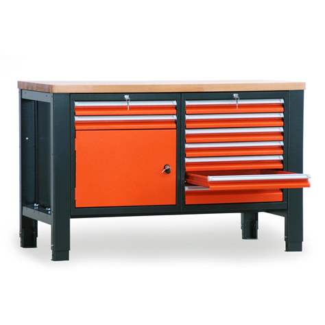 Banc masă de atelier TECHNO, modul dublu lățime 1400 mm, 9 sertare, dulap, culoare antracit RAL7016/portocaliu RAL2004. - Malow