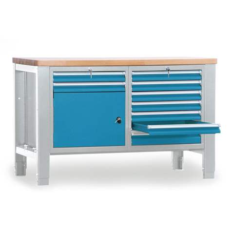 Banc masă de atelier TECHNO, modul dublu lățime 1400 mm, 9 sertare, dulap, gri RAL7035/albastru RAL5012. - Malow