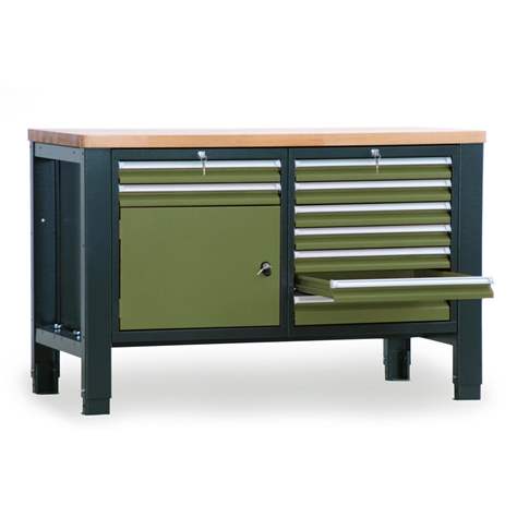 Banc masă de atelier TECHNO, modul dublu lățime 1400 mm, 9 sertare, dulap, culoare antracit RAL7016/verde RAL6011. - Malow