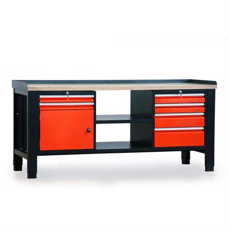 Werkstatt-Tisch TECHNO, Dreiermodul Breite 2000 mm, 6 Schubladen, Schrank, Farbe anthrazit RAL7016/orange RAL2004. - Malow