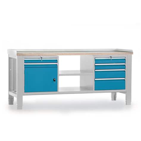 Werkstatt-Tisch TECHNO, Dreiermodul Breite 2000 mm, 6 Schubladen, Schrank, Farbe lichtgrau RAL7035/blau RAL5012. - Malow
