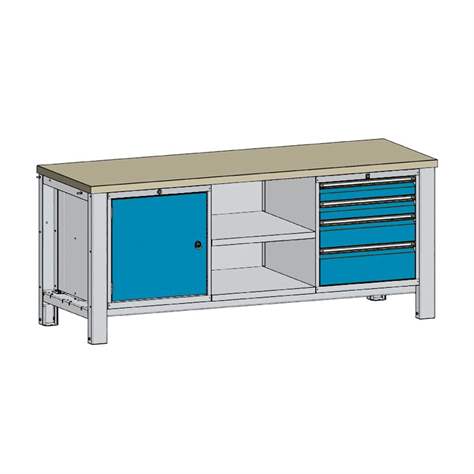 Werkstatt-Tisch TECHNO, Dreiermodul Breite 2000 mm, 4 Schubladen, Schrank, Farbe lichtgrau RAL7035/blau RAL5012. - Malow