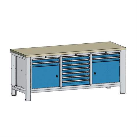 Werkstatt-Tisch TECHNO, Dreiermodul Breite 2000 mm, 11 Schubladen, 2 Schränke, Farbe lichtgrau RAL7035/blau RAL5012. - Malow