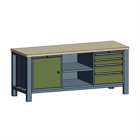 Banc masă de atelier TECHNO, modul triplu lățime 2000 mm, 4 sertare, dulap, culoare antracit RAL7016/verde RAL6011. - Malow