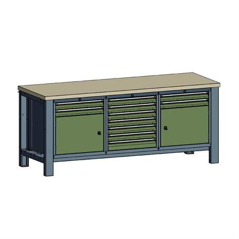 Werkstatt-Tisch TECHNO, Dreiermodul Breite 2000 mm, 11 Schubladen, 2 Schränke, Farbe anthrazit RAL7016/grün RAL6011. - Malow