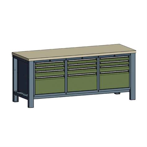 Banc masă de atelier TECHNO, modul triplu lățime 2000 mm, 12 sertare, culoare antracit RAL7016/verde RAL6011. - Malow