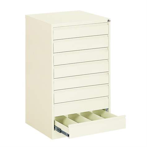 Registraturschrank für Hängemappen A6-horizontal, 8 Schubladen, 4 zweibahninge, HxBxT: 1285x775x630 mm, Farbe weiß RAL9010 - Malow
