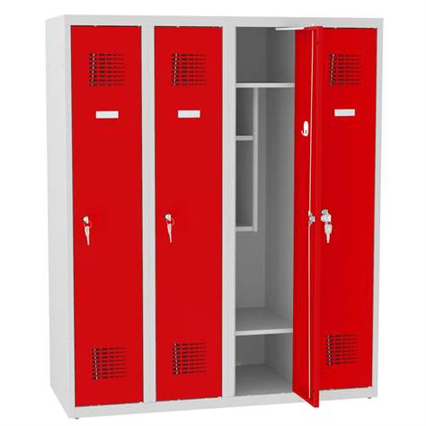 Garderobenschrank für Schüler, BxTxH: 1200x500x1450 mm, Zylinderschloß, Korpus Grau RAL7035/Türfarbe rot RAL3020 - Malow