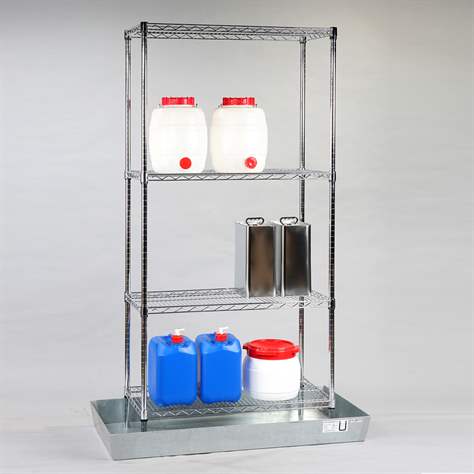 Stahldraht-Gitterregal MESH mit Auffangwanne 60L, HxBxT: 2000x920x460 mm, 4 Fachböden á 200 kg