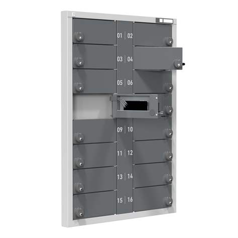 Ladeschrank für Mobiltelefone, 16 Segmente, Münzenschlösser, HxBxT: 1155x830x57 mm, Farbe Grau RAL7035/Anthrazit RAL7016 - Polak CZ, s.r.o.