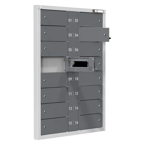 Ladeschrank für Mobiltelefone, 16 Segmente, Zylinderschlösser, HxBxT: 1155x830x57 mm, Farbe Grau RAL7035/Anthrazit RAL7016 - Polak CZ, s.r.o.