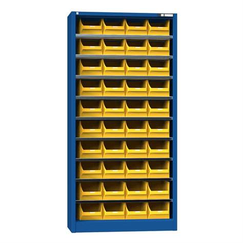 Magazinschrank ohne Türen 1950 x 950 x 400 mm, 9 x Fachböden, 40 x Boxen 204 x 350 x 150 mm, Farbe Dunkelblau RAL5010 - Polak CZ, s.r.o.