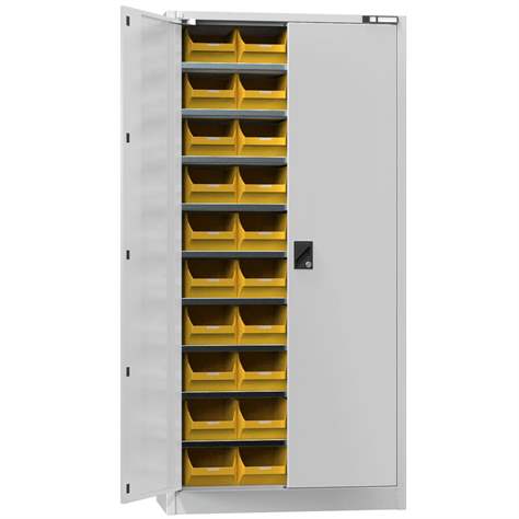 Magazinschrank mit Türen 1950 x 950 x 400 mm, 9 x Fachböden, 40 x Boxen 200 x 350 x 150 mm, Farbe Lichtgrau RAL7035 - Polak CZ, s.r.o.