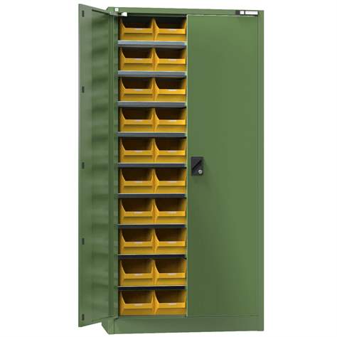 Magazinschrank mit Türen 1950 x 950 x 400 mm, 9 x Fachböden, 40 x Boxen 204 x 350 x 150 mm, Farbe Grün RAL6011 - Polak CZ, s.r.o.