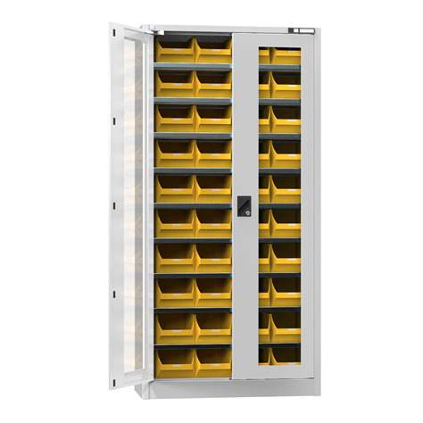 Magazinschrank, verglaste Türen, 1950 x 950 x 400 mm, 9 x Fachböden, 40 x Boxen 200 x 350 x 150 mm, Farbe Lichtgrau RAL7035 - Polak CZ, s.r.o.