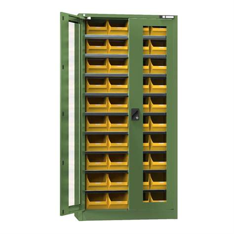 Magazinschrank, verglaste Türen, 1950 x 950 x 400 mm, 9 x Fachböden, 40 x Boxen 204 x 350 x 150 mm, Farbe Grün RAL6011 - Polak CZ, s.r.o.