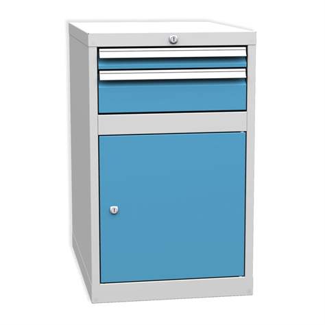 Podstavná skříňka pro dílenský stůl, 2 zásuvky, barva šedá RAL7035/ modrá RAL5012 - Kovos Verneřice