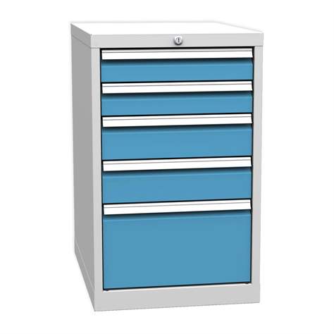 Podstavná skříňka pro dílenský stůl, 5 zásuvek, barva šedá RAL7035/ modrá RAL5012 - Kovos Verneřice