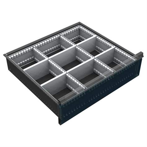 Vnitřní dělení zásuvek z pozinkovaného plechu 3 x 3, pro zásuvky 150–240 mm, š. skříňky 720 mm - Kovos Verneřice