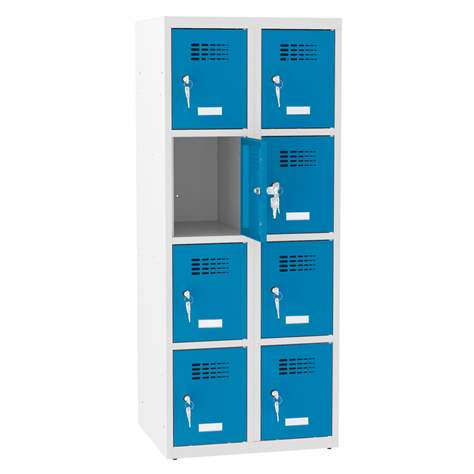 Schließfachschrank mit 8 Fächern, BxTxH: 600x500x1450 mm, Zylinderschloß, Korpus Grau RAL7035/Türfarbe Blau RAL5012 - Malow