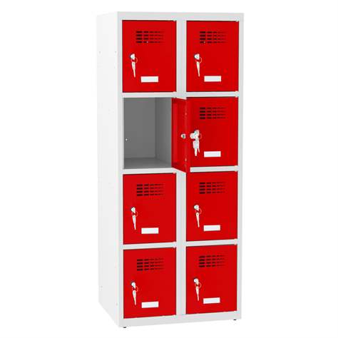 Schließfachschrank mit 8 Fächern, BxTxH: 600x500x1450 mm, Zylinderschloß, Korpus Grau RAL7035/Türfarbe Rot RAL3020 - Malow