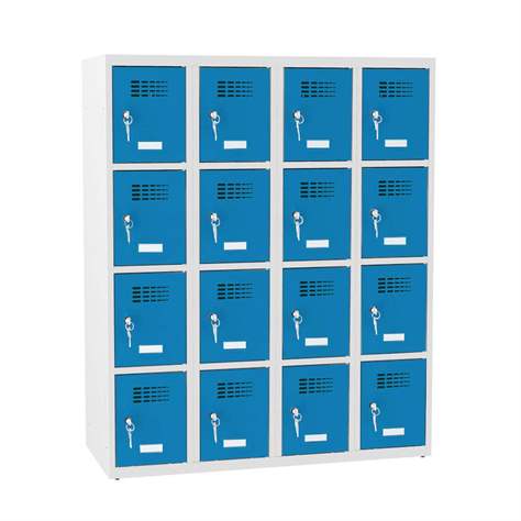 Schließfachschrank mit 16 Fächern, BxTxH: 1200x500x1450 mm, Zylinderschloß, Korpus Grau RAL7035/Türfarbe Blau RAL5012 - Malow