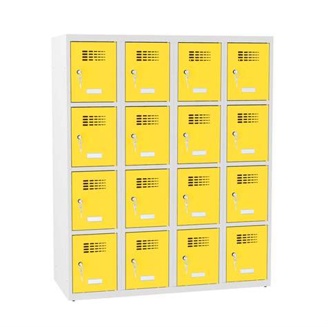 Schließfachschrank mit 16 Fächern, BxTxH: 1200x500x1450 mm, Zylinderschloß, Korpus Grau RAL7035/Türfarbe Gelb RAL1023 - Malow