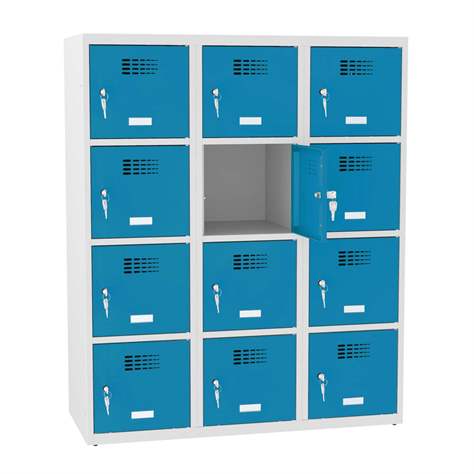 Schließfachschrank mit 12 Fächern, BxTxH: 1200x500x1450 mm, Zylinderschloß, Korpus Grau RAL7035/Türfarbe Blau RAL5012 - Malow