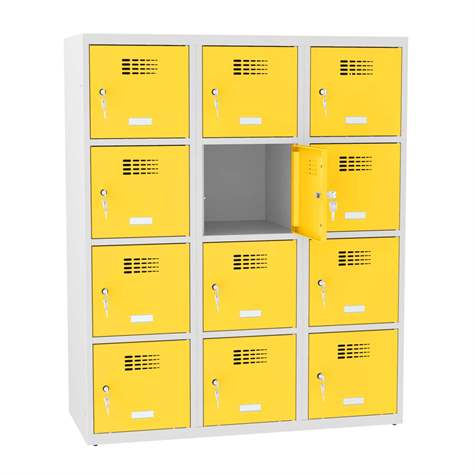 Schließfachschrank mit 12 Fächern, BxTxH: 1200x500x1450 mm, Zylinderschloß, Korpus Grau RAL7035/Türfarbe Gelb RAL1023 - Malow