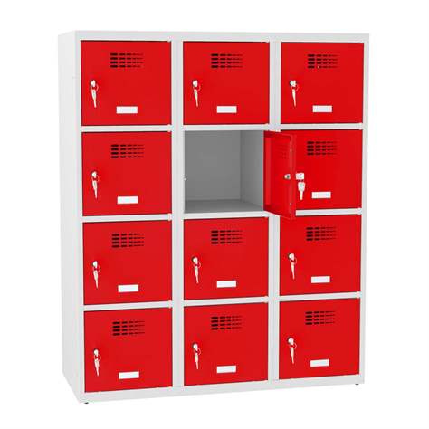 Schließfachschrank mit 12 Fächern, BxTxH: 1200x500x1450 mm, Zylinderschloß, Korpus Grau RAL7035/Türfarbe Rot RAL3020 - Malow