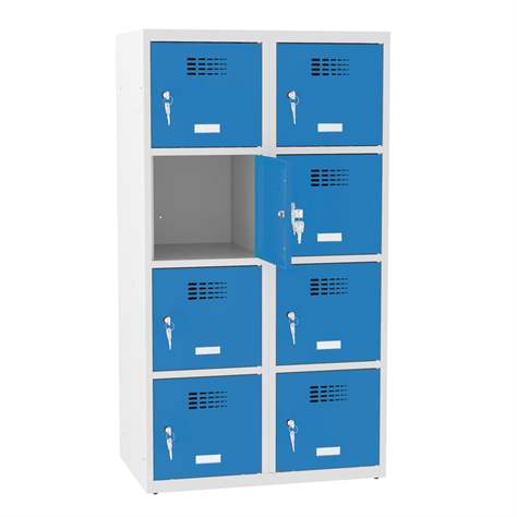 Schließfachschrank mit 8 Fächern, BxTxH: 800x500x1450 mm, Zylinderschloß, Korpus Grau RAL7035/Türfarbe Blau RAL5012 - Malow