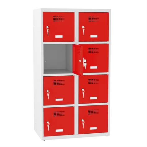 Schließfachschrank mit 8 Fächern, BxTxH: 800x500x1450 mm, Zylinderschloß, Korpus Grau RAL7035/Türfarbe Rot RAL3020 - Malow