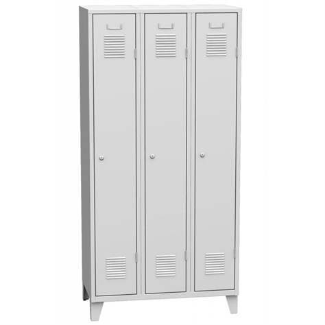 Garderobenschrank, geschweißt, 3 x 300 mm, Türfarbe grau RAL7035, mit Stollenfüßen - Kovos Verneřice