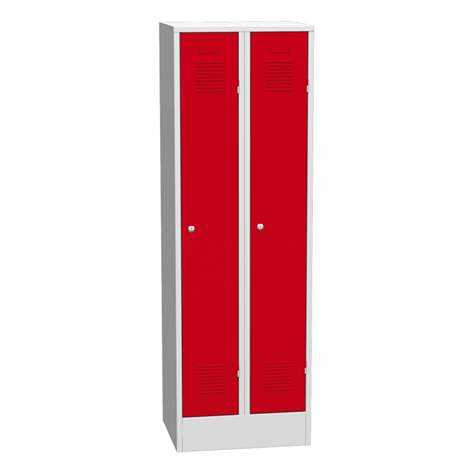 Svařovaná šatní skříň 2 x 300 mm, barva dveří červená RAL3000, standardní větrací žaluzie, na soklu - Kovos Verneřice