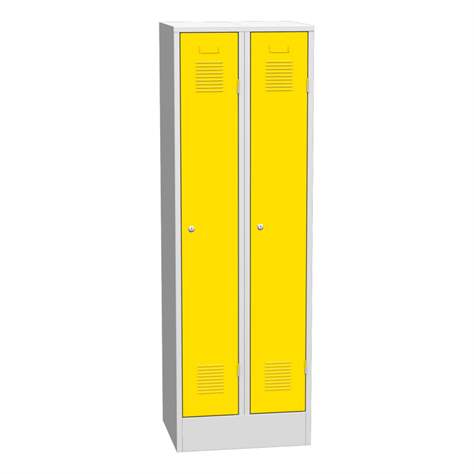 Garderobenschrank, geschweißt, 2 x 300 mm, Türfarbe gelb RAL1023, mit Sockel - Kovos Verneřice