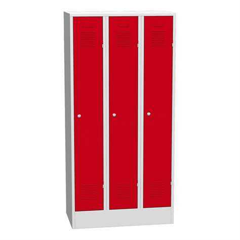 Garderobenschrank, geschweißt, 3 x 300 mm, Türfarbe rot RAL3000, mit Sockel - Kovos Verneřice - Bild2