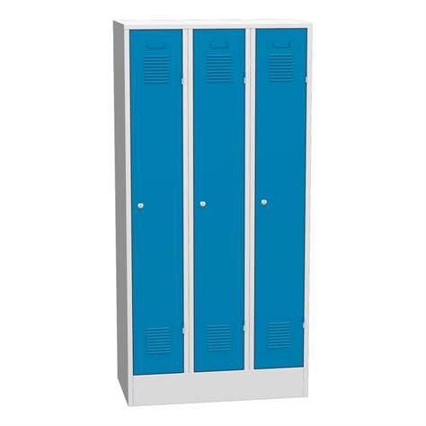 Garderobenschrank, geschweißt, 3 x 300 mm, Türfarbe blau RAL5012, mit Sockel - Kovos Verneřice - Bild2