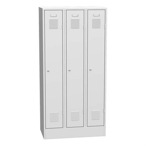 Garderobenschrank, geschweißt, 3 x 300 mm, Türfarbe grau RAL7035, mit Sockel - Kovos Verneřice - Bild2