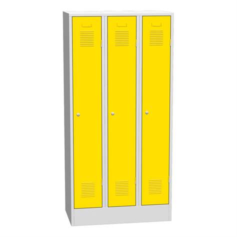 Garderobenschrank, geschweißt, 3 x 300 mm, Türfarbe gelb RAL1023, mit Sockel - Kovos Verneřice - Bild2