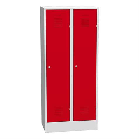 Garderobenschrank, geschweißt, 2 x 400 mm, Türfarbe rot RAL3000, mit Sockel - Kovos Verneřice