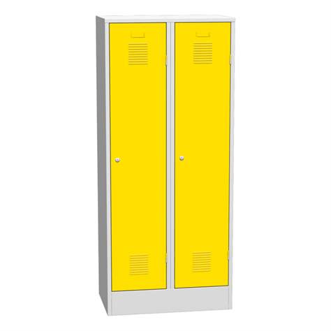 Garderobenschrank, geschweißt, 2 x 400 mm, Türfarbe gelb RAL1023, mit Sockel - Kovos Verneřice