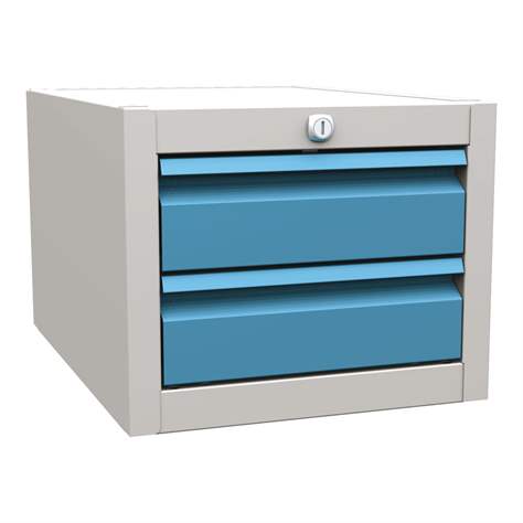 Dulap box atașabil banc masă atelier - modul corp dulap banc de lucru cu sertare-, 2 sertare, înălțime 290 mm, gri RAL7035/albastru RAL5012 - Kovos Verneřice