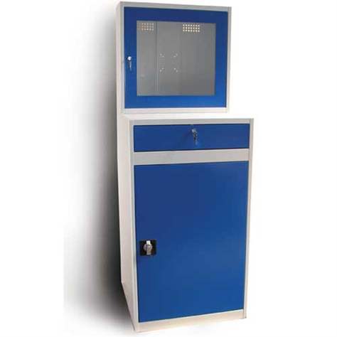 Computer-Schrank für LCD Monitore, mit Ausrüstung, Gesamtmaße (HxBxT): 1750x640x630 mm, Grau RAL7035 / Enzianblau RAL5010 - Malow