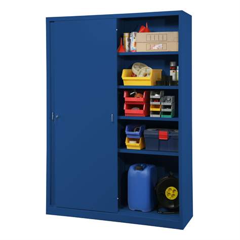 Dulap metalic cu polițe și uși glisante - office steel furniture, HxLxl: 1990 x 1400 x 435 mm, culoare albastră RAL 5010 - Malow